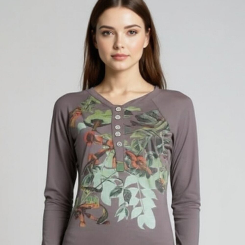 Mighty Fine Y2K Long Sleeve Birds Graphic Brown Henley Tunic/Dress Size Medium